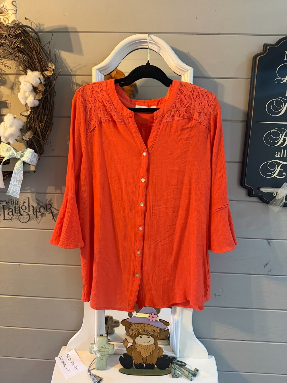 Women's Coral Button-Front Lace Yoke Blouse